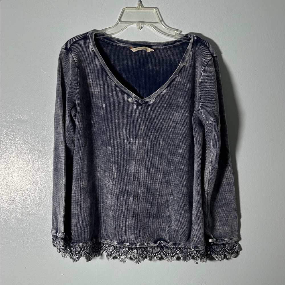 Soft Surroundings Distressed Navy V‑Neck Long Sleeve Top with Crochet Hem
